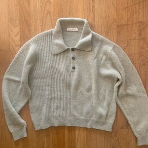 Michele Gray Rib-Panel Polo Sweater in Willow